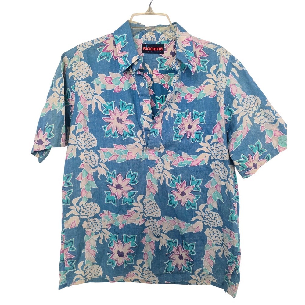 Riggers Hawaii Mens Blue Floral Pineapple Popover Short Sleeve Aloha Shirt L